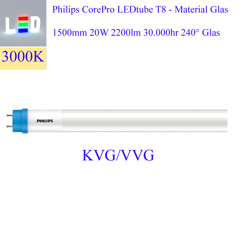 LED Röhre T8 • Philips CoreLEDtube • 1500mm • 20W • 2200lm • 6500K 865/kaltweiss • 240° • 220-240V/AC 50/60Hz • Glas • Sockel T8/G13 • incl. Starterbrücke