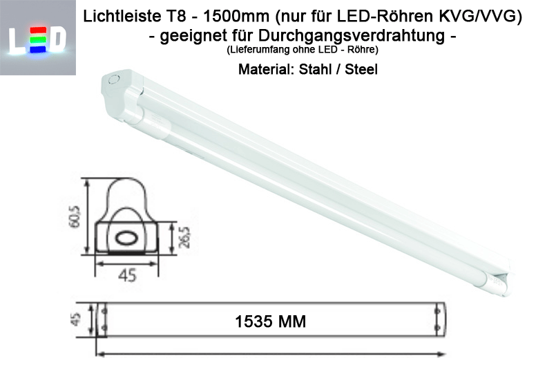 LED T8 Lampenfassung für Durchgangsangsverdrahtung L1500mm weiss ohne Vorschaltgerät EVG KVG Gehäuse aus Stahlblech
