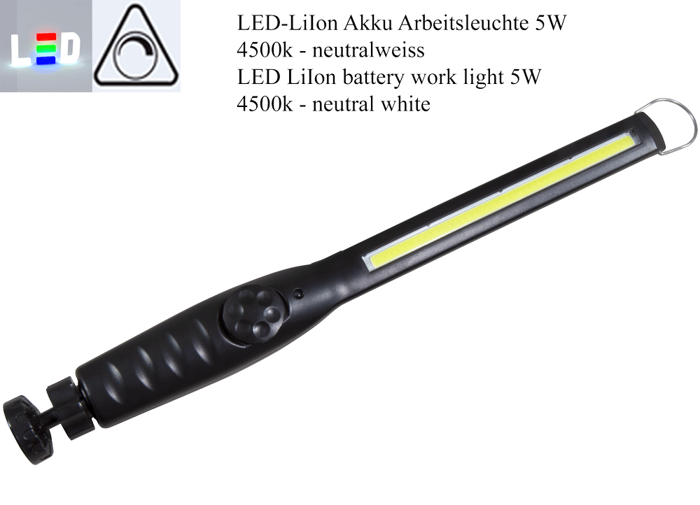 LED Akku Arbeitsleuchte IP54 5W 4500K neutralweiss 1200 mAh Akku 3,7V Betriebszeit ca. 1-2h 180° stufenlos dimmbar Magnetfuß