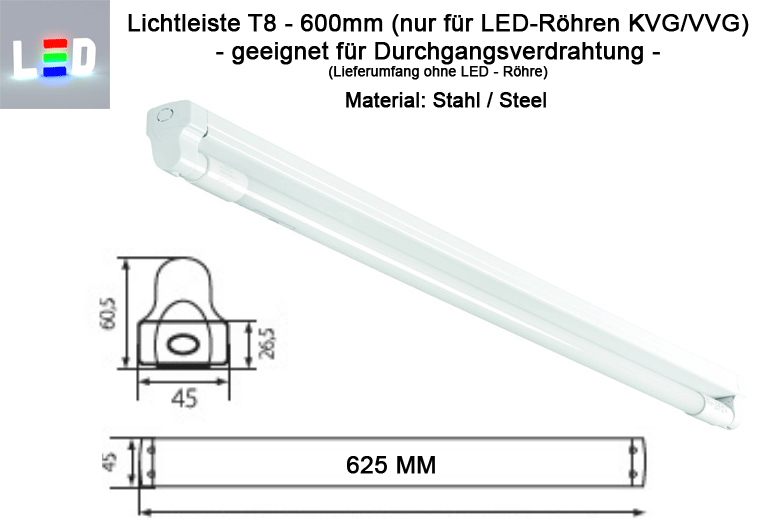 LED T8 Lampenfassung aus Stahl für Durchgangsangsverdrahtung L600mm weiss