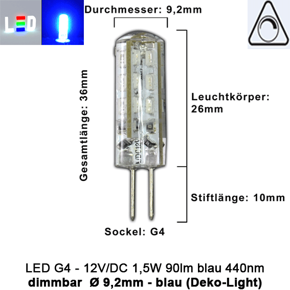 LED G4 Mini (Deko-Light) • 12V/DC dimmbar • ⌀ 9,2mm/L36mm • 1,5W (blau) • 440nm • 90lm • 330° • Silicagel