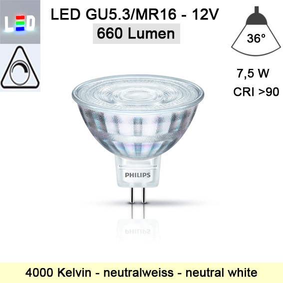 LED Strahler MR16 • Philips • GU5,3/ PAR16 • 12V/AC • 7,5W (7,5W=50W) • 927 • CRI>90 • 4000K • neutralweiss • 660lm • Abstrahlwinkel 36° • dimmbar