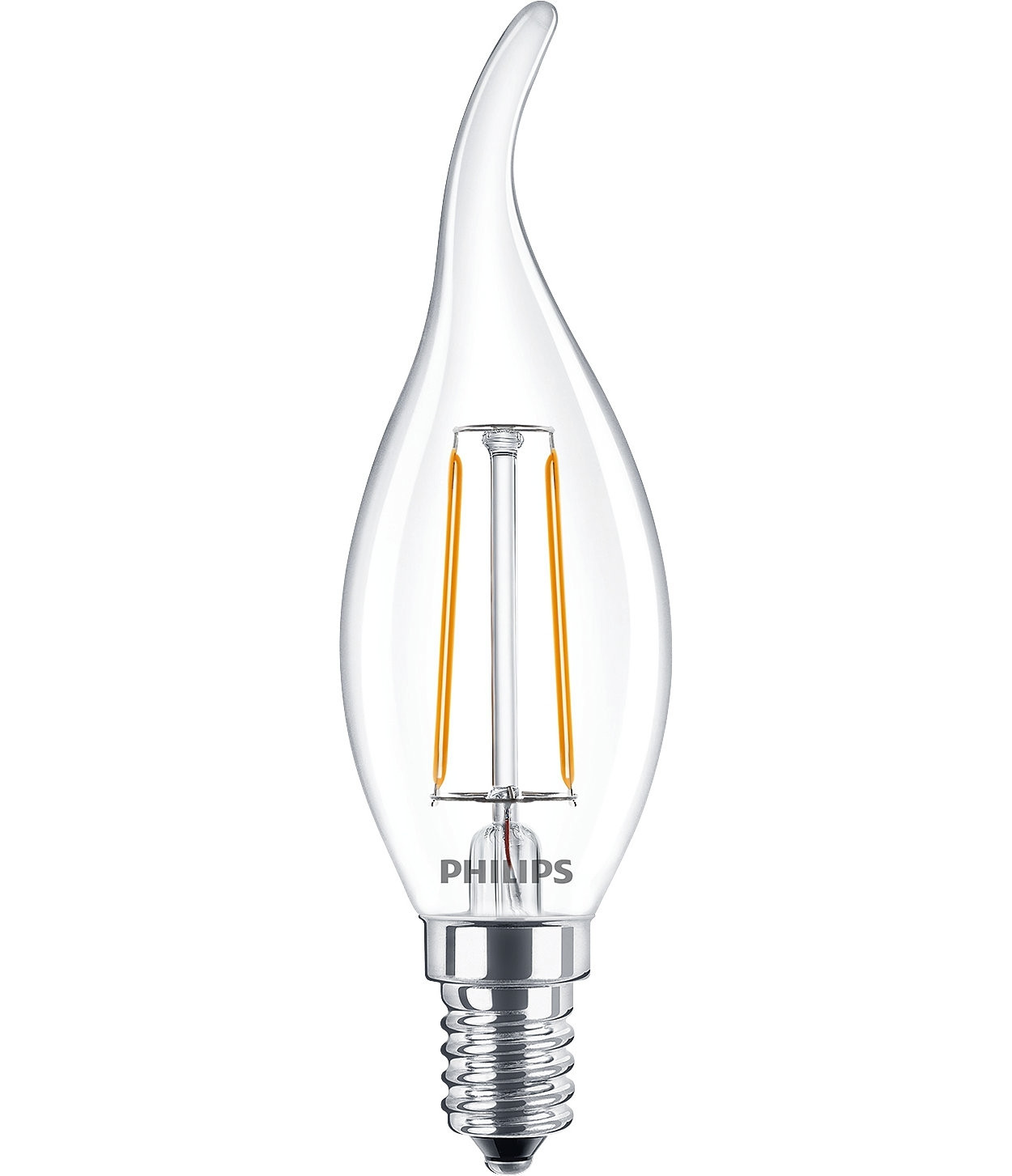 LED Lampe Filament Flammenform Philips • E14 • 230V/AC • 2,0W (2W=25W) • 250lm • warmweiss 2700K • 360° • 35x123mm • Hülle klar • nicht dimmbar 