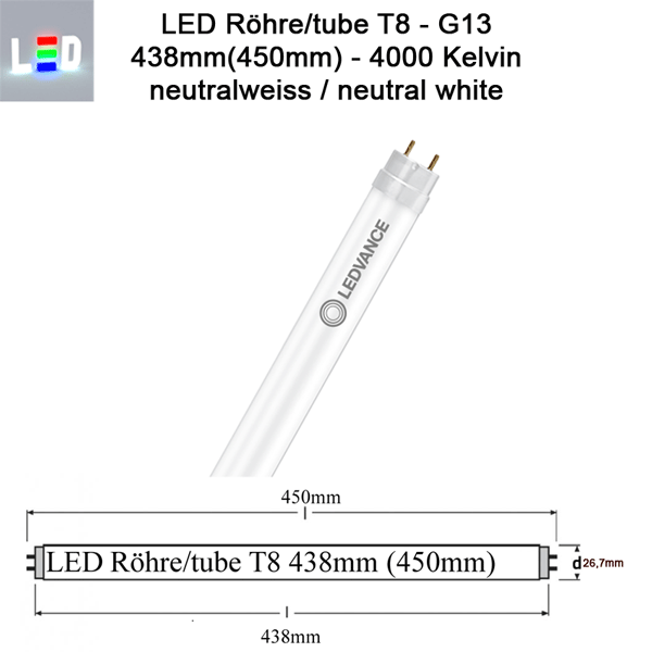 LED Röhre T8 438mm (450mm)  5,1W • IP20  900lm 4000K neutralweiss - tageslicht weiss - 190° Hülle matt 220-240V 50/60Hz G13