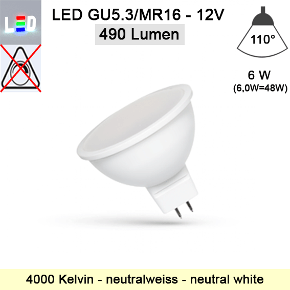 LED Strahler spectrum • GU5,3 (MR16) • 12V/AC • 6W (6,0W =480W) • 4000K • neutralweiss • 490lm • 110° • DxL50x50mm • nicht dimmbar 