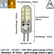 LED G4 Mini (Deko-Light) • 12V/DC dimmbar • ⌀ 10mm/L36mm • 1,5W (gelb-orange) • 570nm • 90lm • 330° • Silicagel
