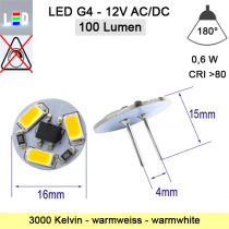 LED G4 Mini Scheiben-Form/Tellerform • Platine Pin hinten • 12V/AC/DC • ⌀ 16mm • Tiefe 3mm • Stiftlänge 12mm • 0,6W (0,6W = 9W) • 3000K warmweiss • 100lm • 180° • nicht dimmbar