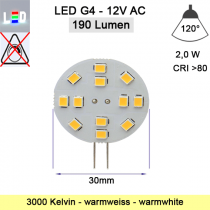 LED G4 Mini Scheiben-Form 12V/AC ⌀30mm T10mm Stiftlänge 12mm 2W (2W = 19W)  3000K 190lm 120° nicht dimmbar