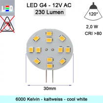 LED G4 Mini Scheiben-Form 12V/AC ⌀30mm T10mm Stiftlänge 12mm 2W (2W=23W) 6000K 230lm 120° nicht dimmbar