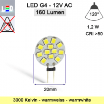 LED G4 Mini Scheiben-Form 12V/AC ⌀20mm T8mm Stiftlänge 13mm 1,2W (1,2W=16W) 3000K 160lm 120° nicht dimmbar