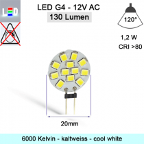 LED G4 Mini Scheiben-Form 12V/AC ⌀20mm  T8mm Stiftlänge 13mm 1,2W (1,2W = 13W)  6000K Kaltweiss 130lm 120° nicht dimmbar