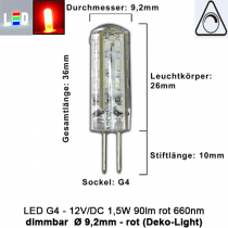 LED G4 Mini (Deko-Light) • 12V/DC dimmbar • ⌀ 9,2mm/L36mm • 1,5W (ROT) • 660nm • 90lm • 330° • Silicagel