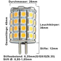 LED G6.35/GX6.35 • LED-Lichtpunkt/Leuchtmittel • 12V • AC/DC • dimmbar • ⌀ 26mm/ges.L48mm • 6W (6W = Ersatz für 35-40W Halogen) • 4500K • 550lm • 330° 