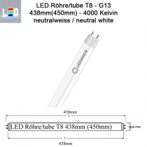 LED Röhre T8 438mm (450mm)  5,1W • IP20  900lm 4000K neutralweiss - tageslicht weiss - 190° Hülle matt 220-240V 50/60Hz G13