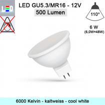 LED Strahler spectrum • GU5,3 (MR16) • 12V/AC • 6W (6,0W = 48W) • 6000K • kaltweiss • 500lm • 110° • DxL50x50mm • nicht dimmbar 