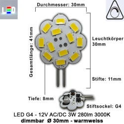 LED G4 Mini Scheiben-Form 12V dimmbar AC/DC ⌀ 30mm/L41mm/T8mm 3,1W (3,1W = 25W) 3000K 280lm 120°