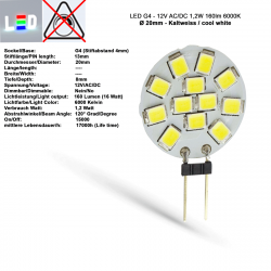 LED G4 Mini Scheiben-Form 12V/AC/DC  ⌀ 20mm  T8mm Stiftlänge 13mm 1,2W (1,2W = 16W)  6000K Kaltweiss 160lm 120° nicht dimmbar
