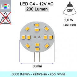 LED G4 Mini Scheiben-Form 12V/AC ⌀30mm T10mm Stiftlänge 12mm 2W (2W=23W) 6000K 230lm 120° nicht dimmbar