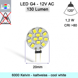 LED G4 Mini Scheiben-Form 12V/AC ⌀20mm  T8mm Stiftlänge 13mm 1,2W (1,2W = 13W)  6000K Kaltweiss 130lm 120° nicht dimmbar