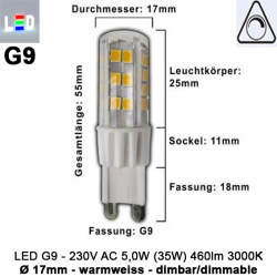 LED G9 Lampe warmweiss 230V/AC 50Hz ⌀17,0mm/L55mm 5W (5W=35W) 3000K 460lm 330° dimmbar 