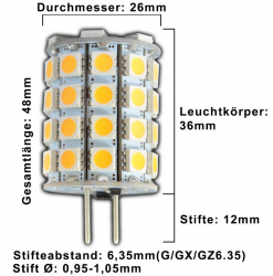 LED G6.35/GX6.35 • LED-Lichtpunkt/Leuchtmittel • 12V • AC/DC • dimmbar • ⌀ 26mm/ges.L48mm • 6W (6W = Ersatz für 35-40W Halogen) • 4500K • 550lm • 330° 